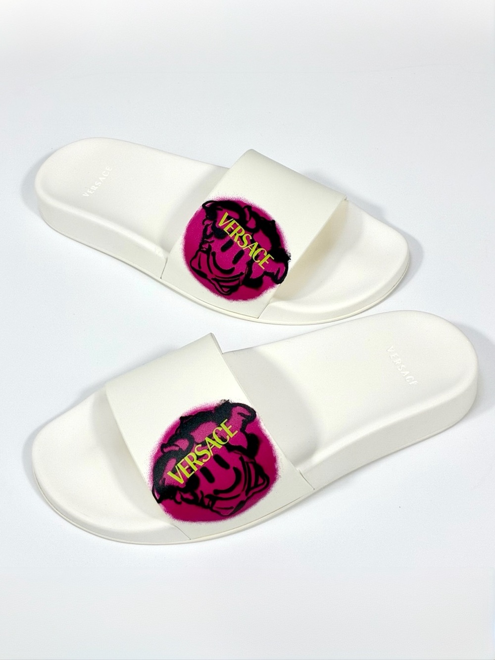 Versace Medusa Smiley Slide Sandals White Fuchsia 7 US 37 EU NEW